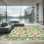Ivory Cream Red Green Floral Scroll Rug