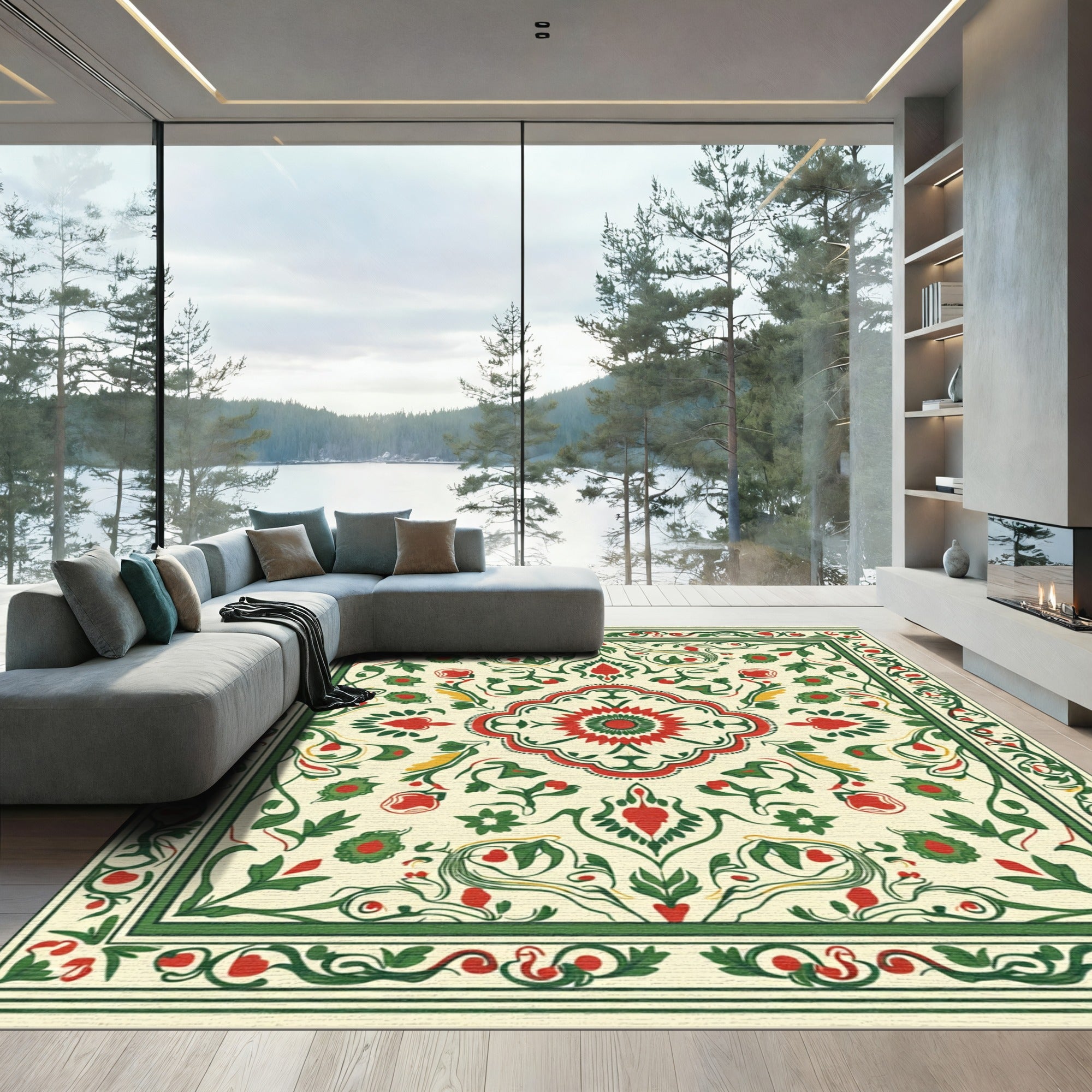 Ivory Cream Red Green Floral Scroll Rug