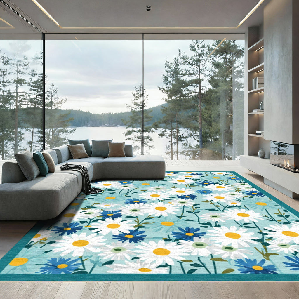 White Blue Daisy Meadow Garland Rug