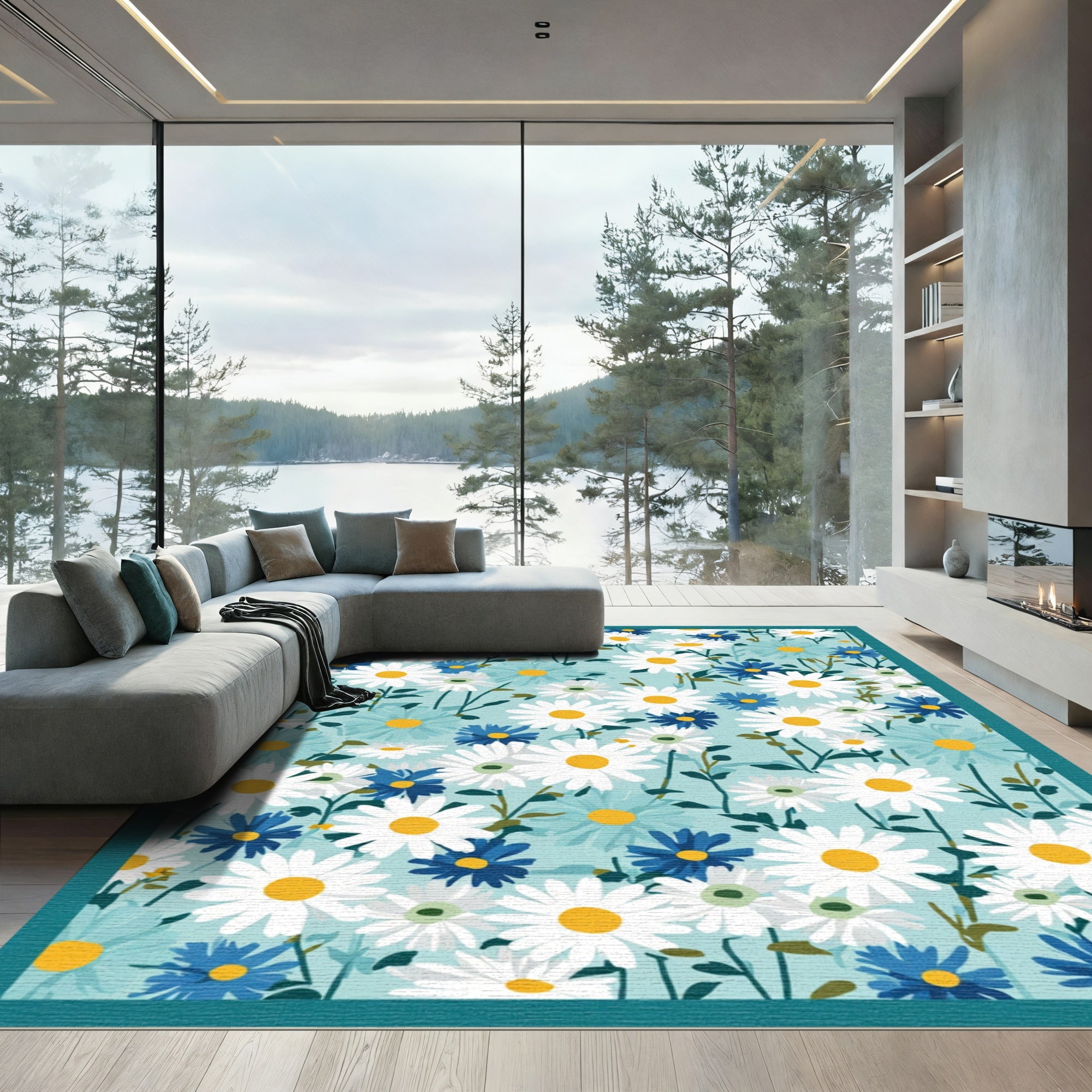 White Blue Daisy Meadow Garland Rug