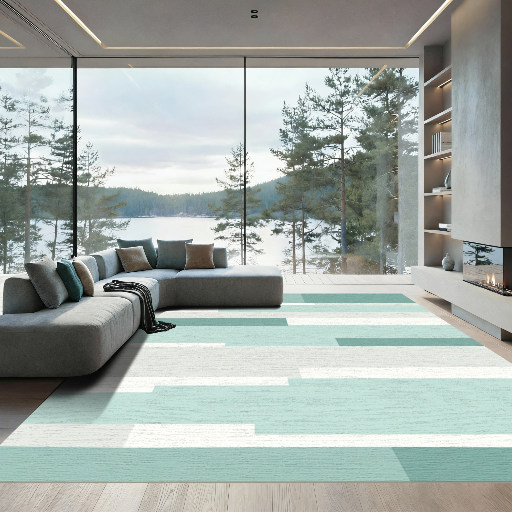 Modern Teal White Geometric Stripe Rug