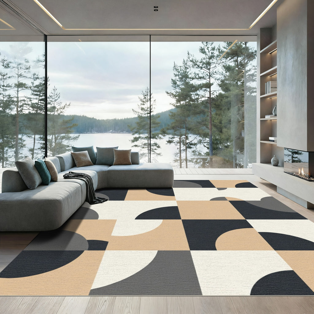 Modern Neutral Geometric Quarter Circle Rug