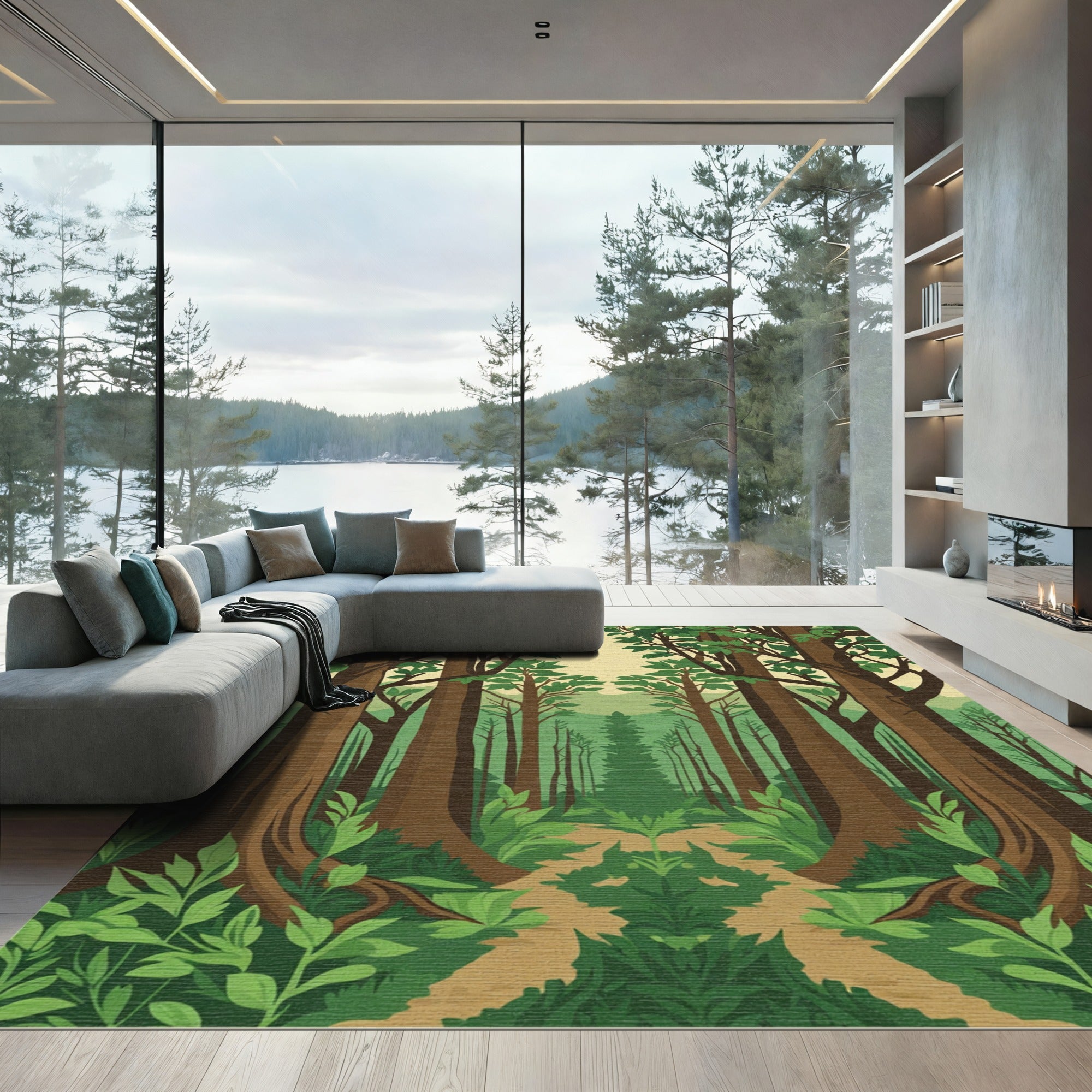Verdant Forest Pathway Symmetrical Trees Rug