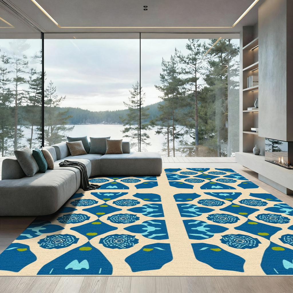 Navy Blue Geometric Quatrefoil Floral Rug
