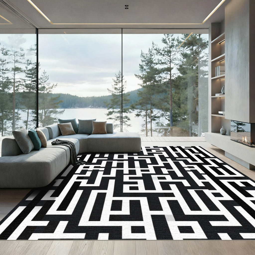 Bold Black White Maze Graphic Rug