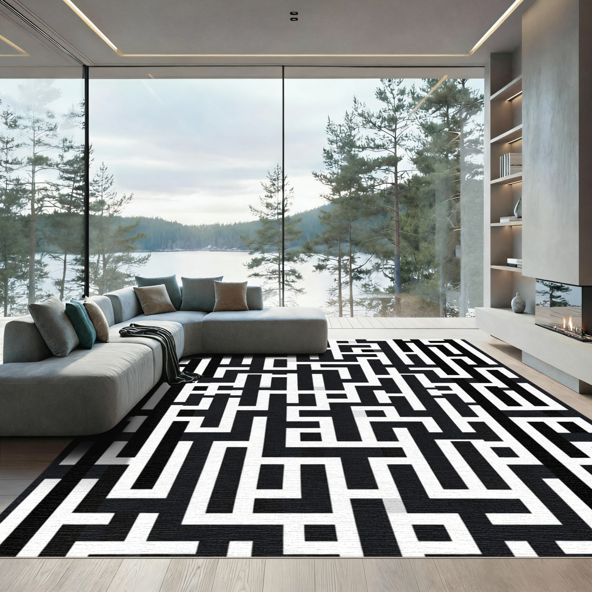 Bold Black White Maze Graphic Rug