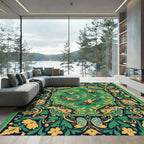 Green Yellow Birds Floral Border Rug