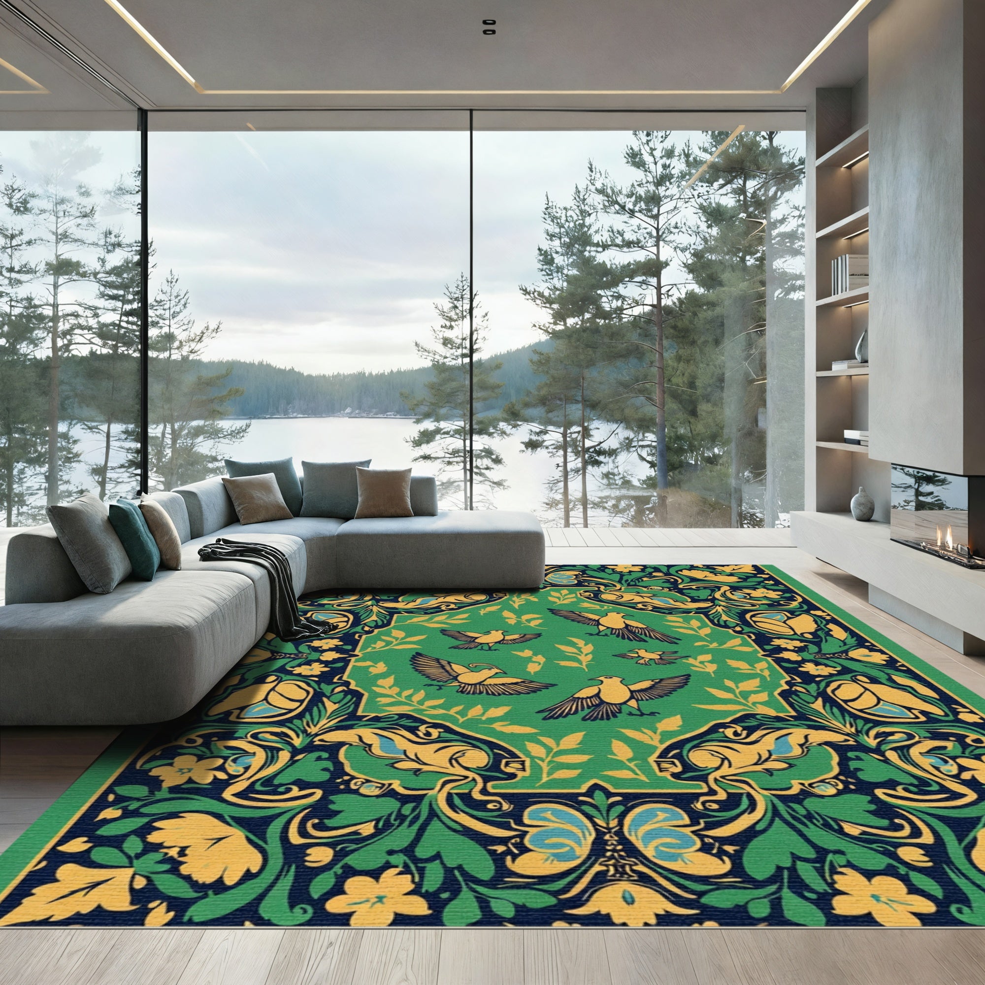 Green Yellow Birds Floral Border Rug