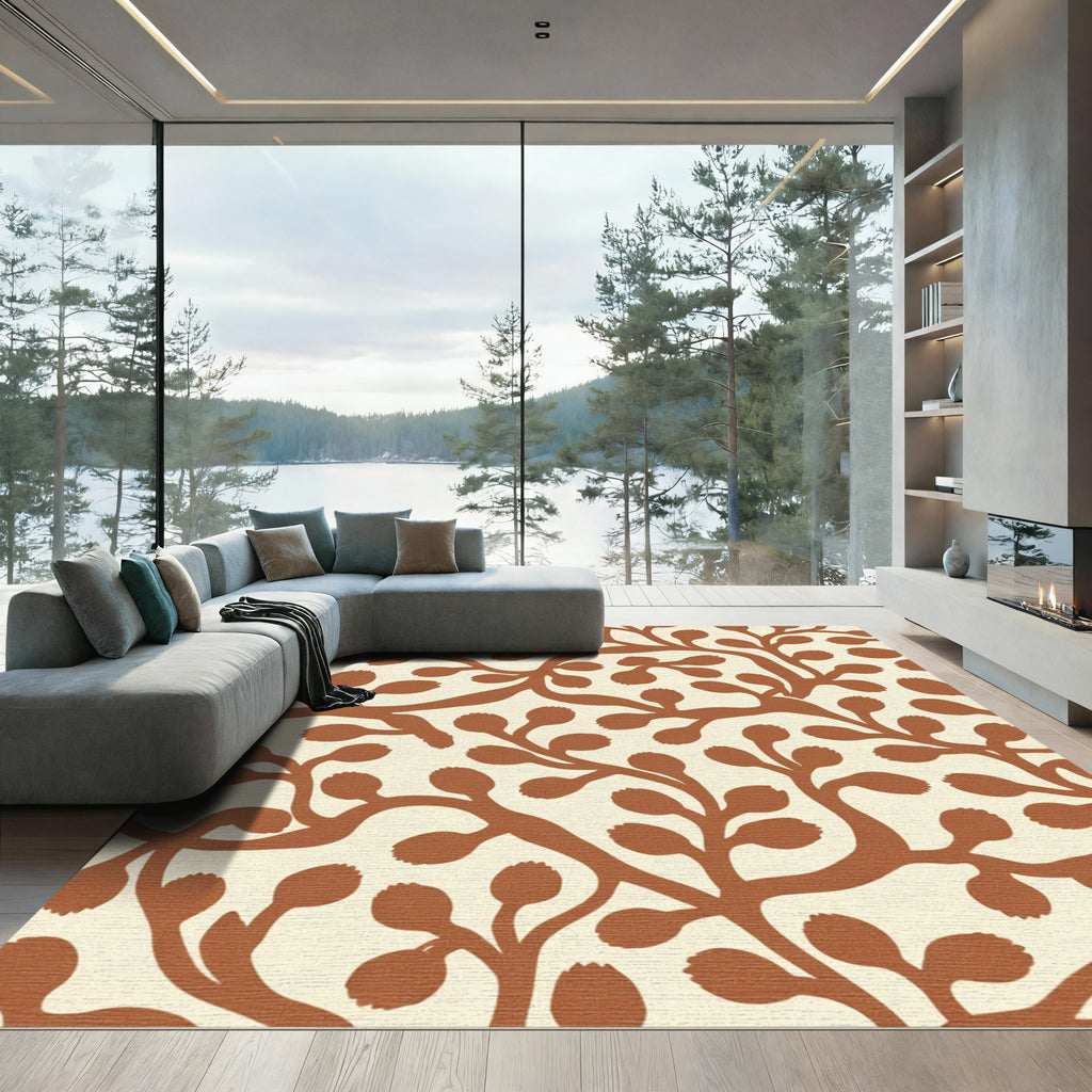 Terracotta Vine Leaf Pattern Rug