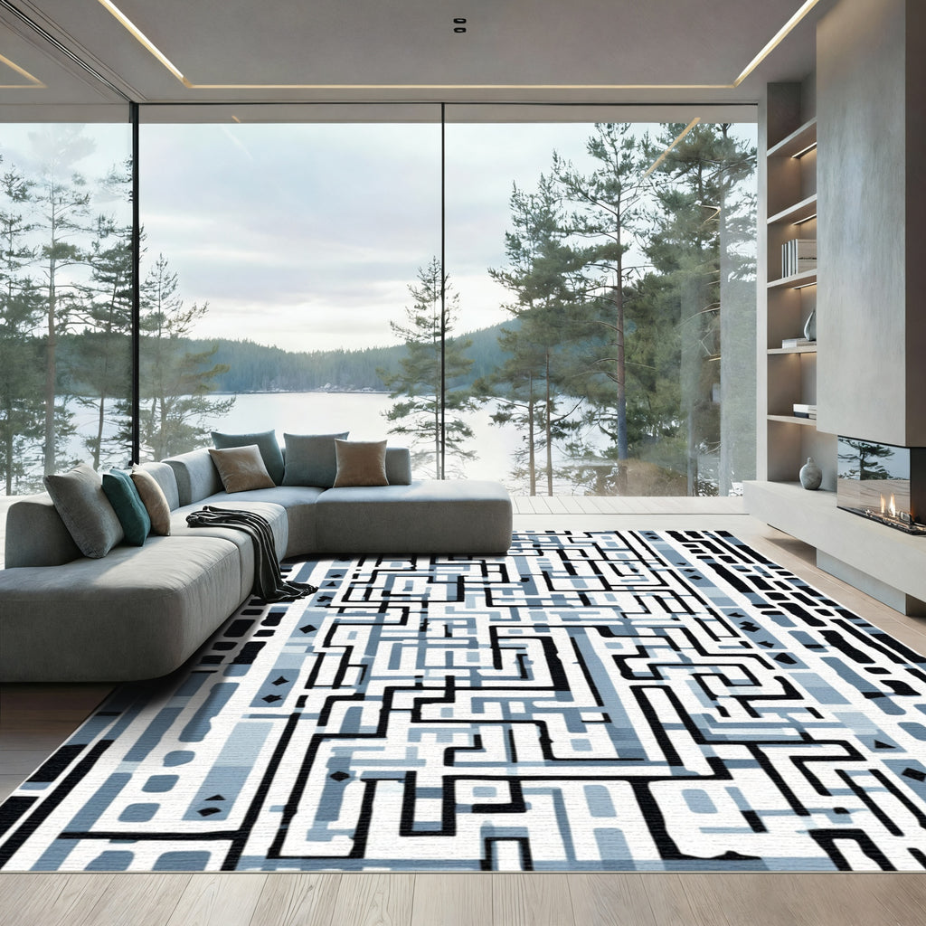 Mono Blue Geometric Maze Rug