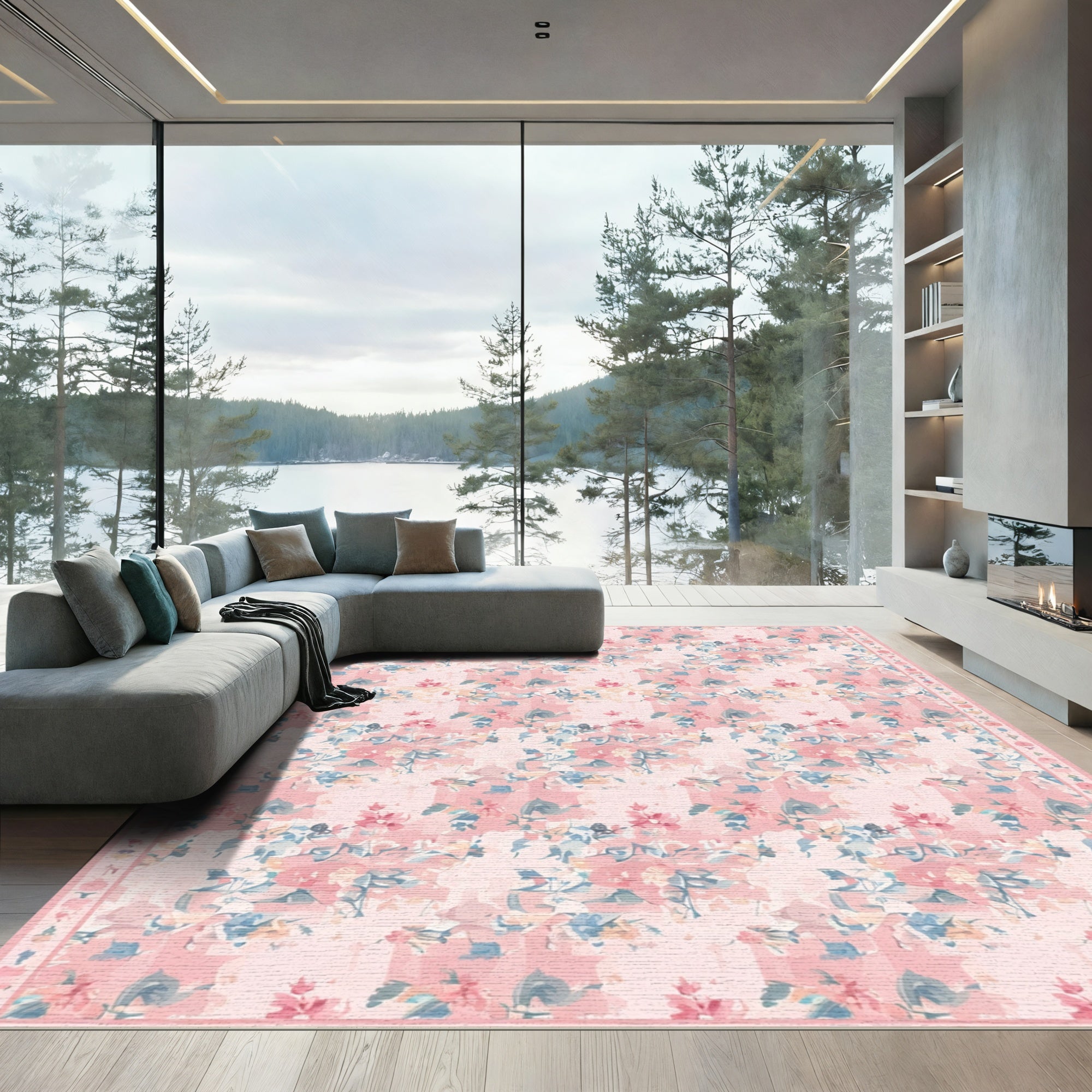 Soft Pink Watercolor Garden Floral Rug