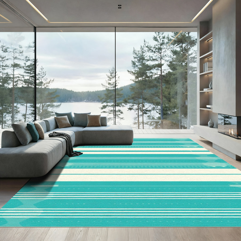 Teal Cream Abstract Geometric Stripe Rug