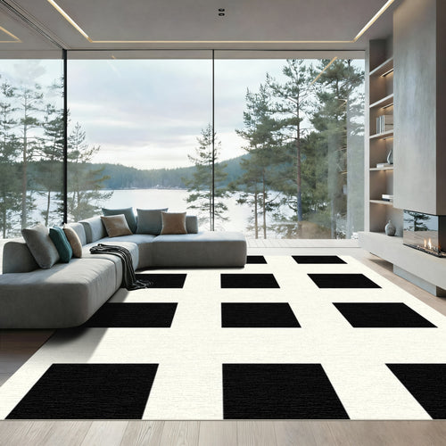 Bold Black White Grid Squares Rug