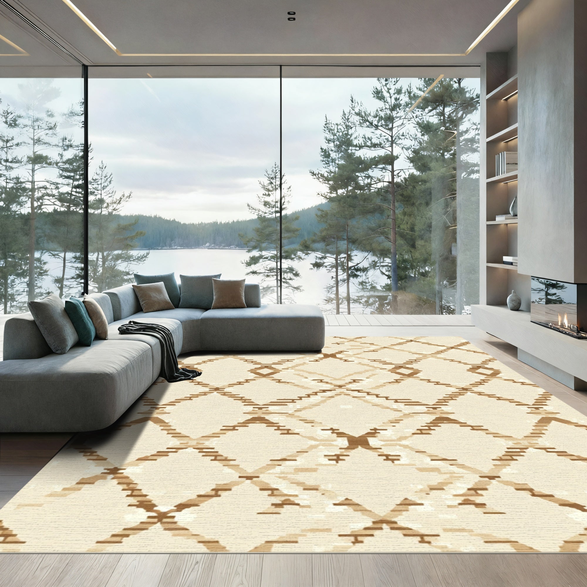 Tan Diamond Geometric Lattice Rug