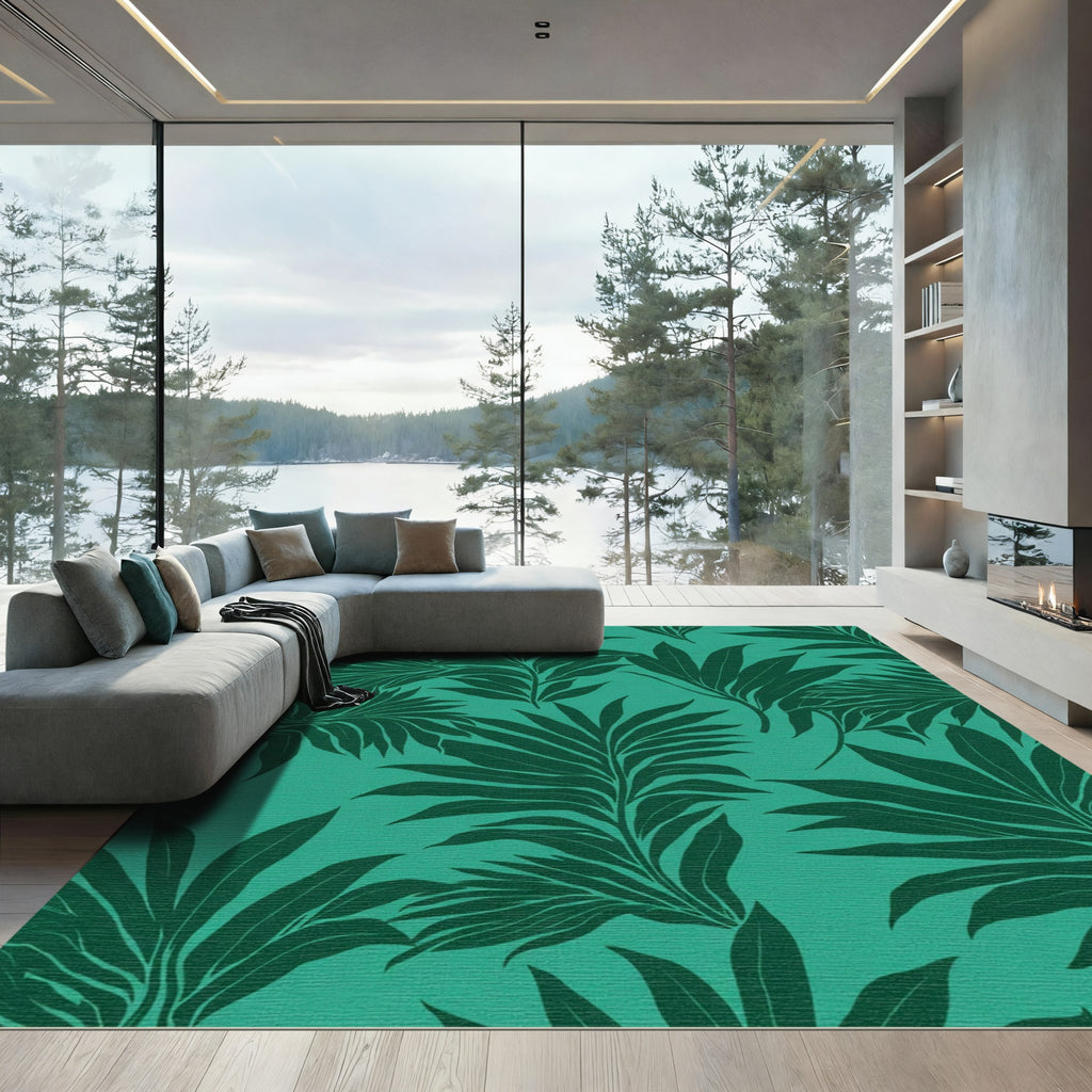 Emerald Green Tropical Leaf Lush Rug