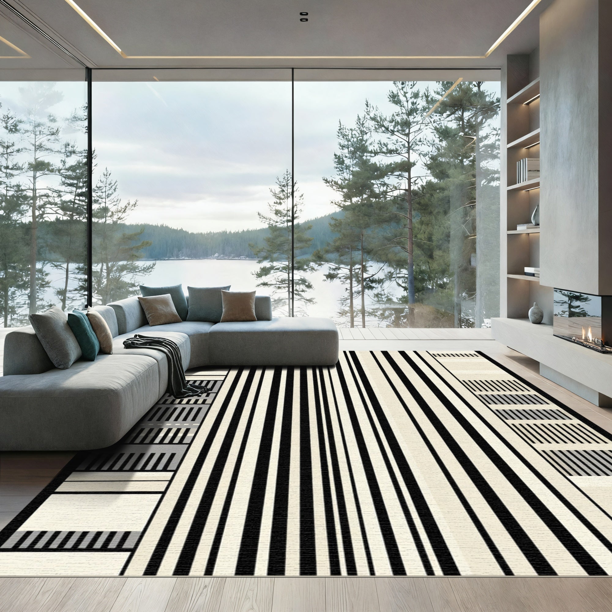 Modern Black Cream Gray Stripe Rug