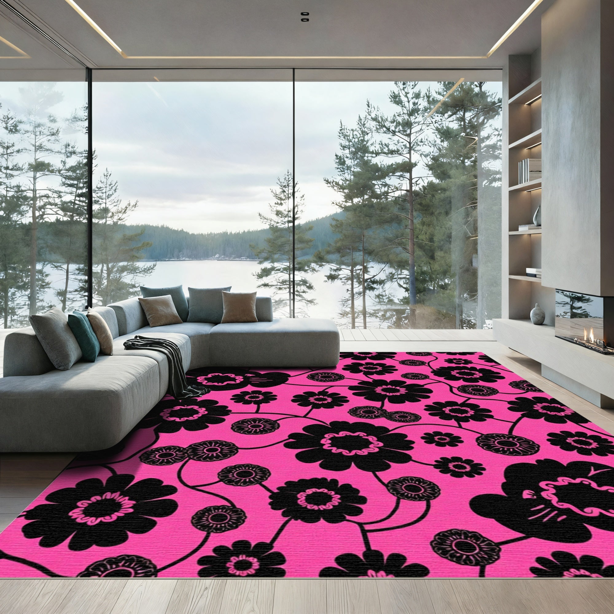 Bold Black Floral Arrangement Hot Pink Rug