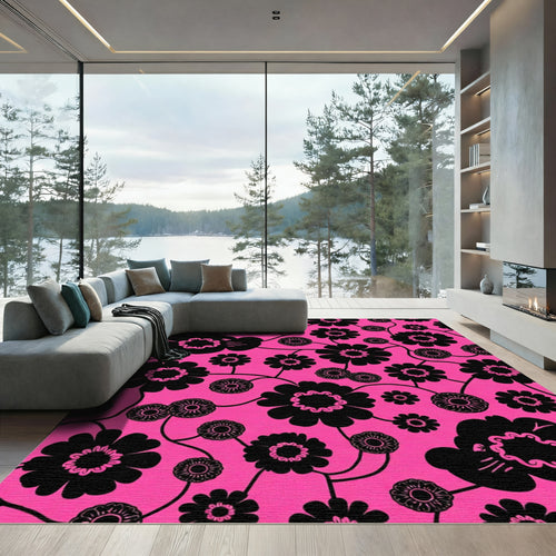 Bold Black Floral Arrangement Hot Pink Rug