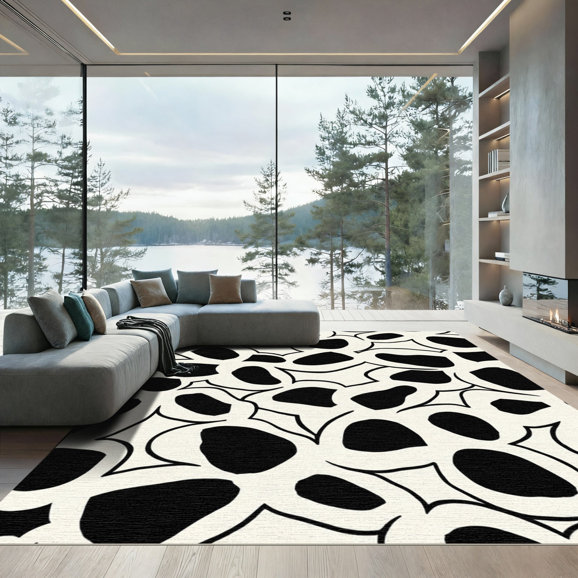 Organic Black And Cream Blob Cluster Rug