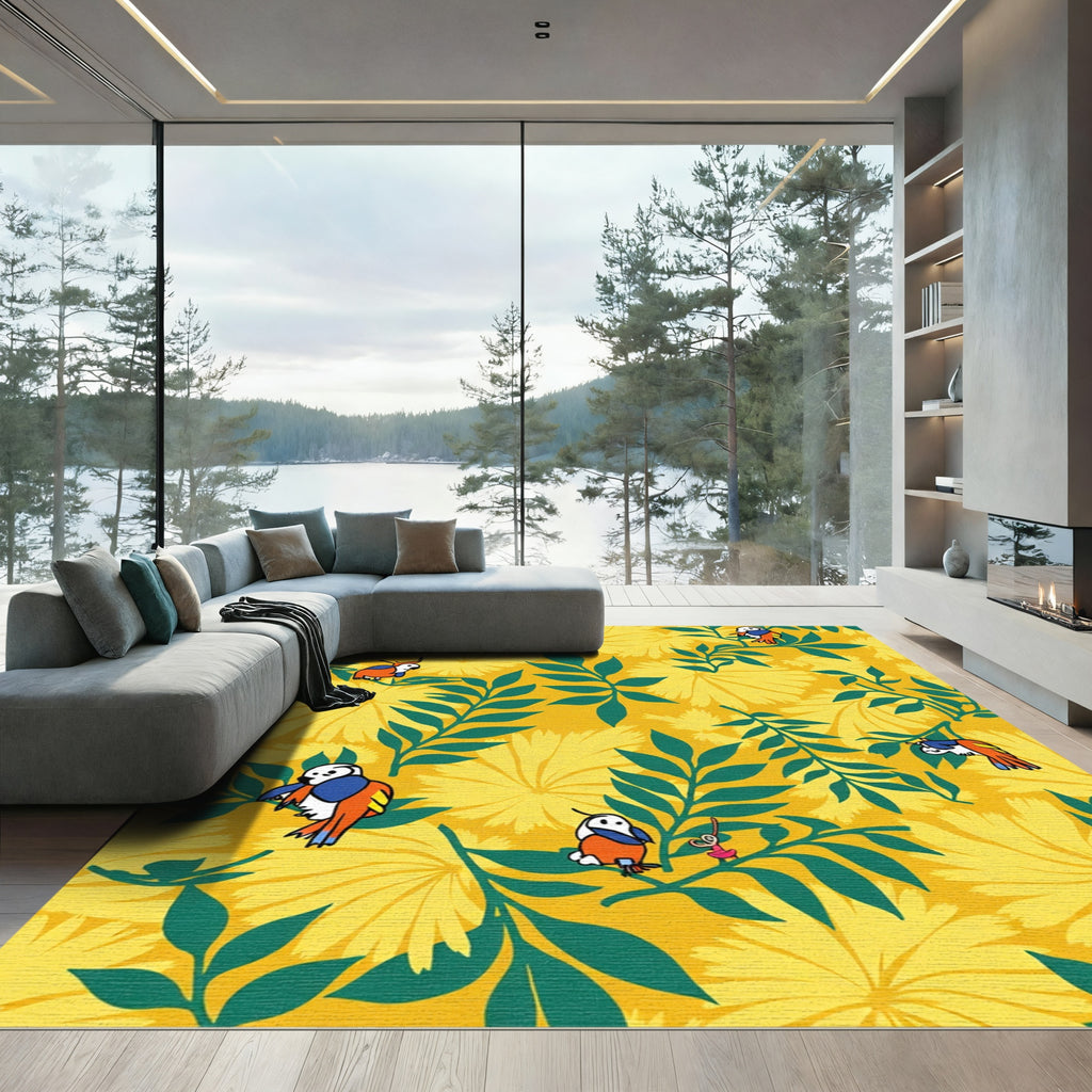 Yellow Floral Parrot Garden Scene Rug