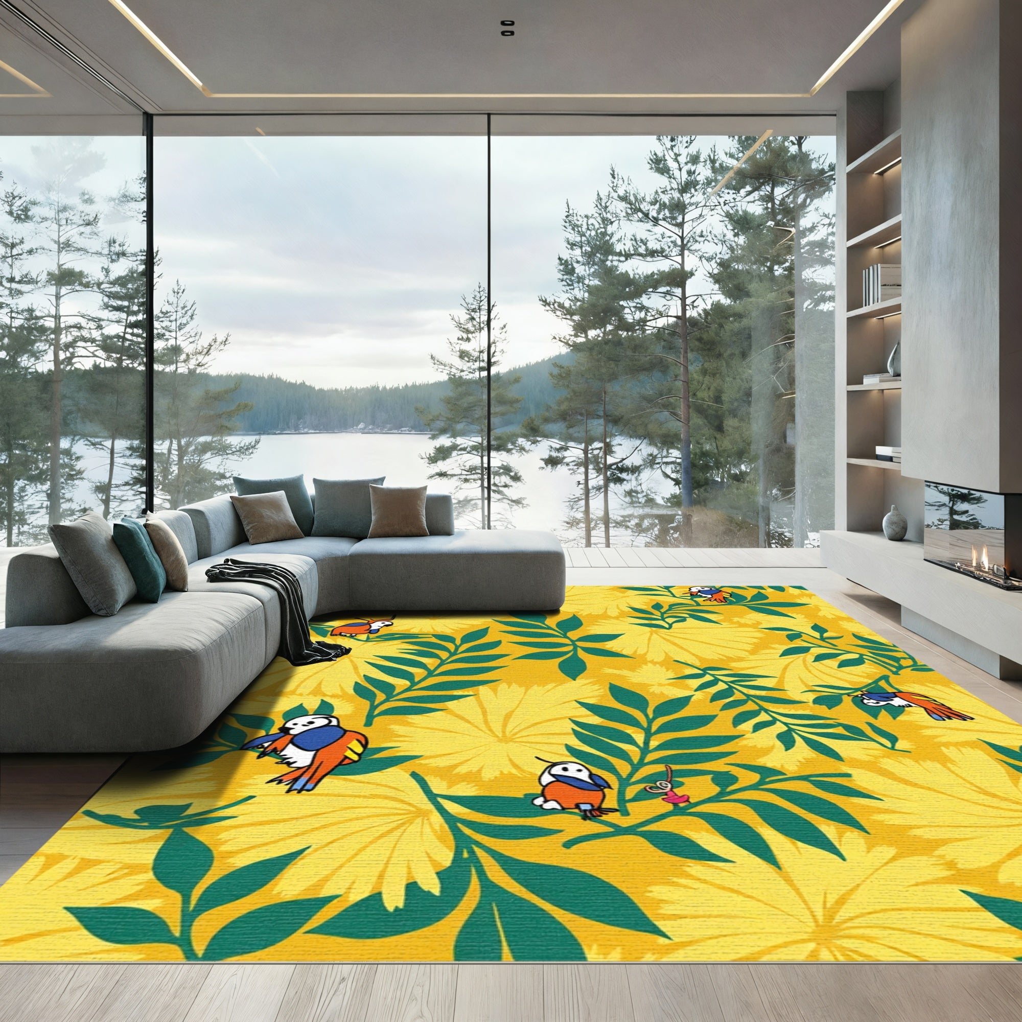 Yellow Floral Parrot Garden Scene Rug