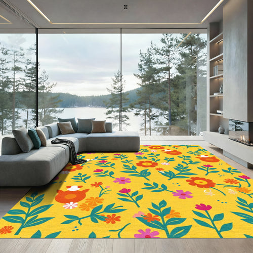 Bright Yellow Floral Critter Medley Rug