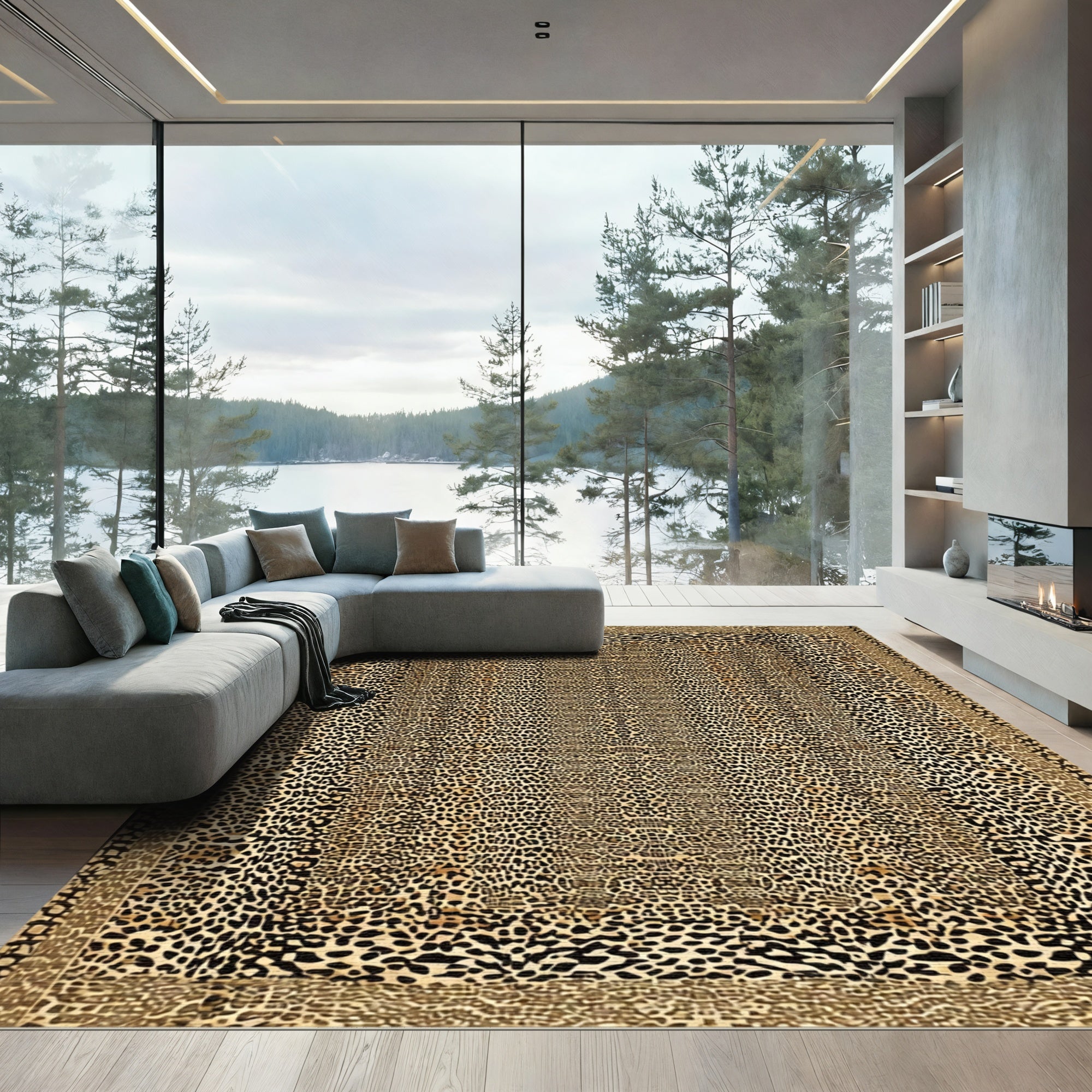 Leopard Print Bordered Animal Hide Rug