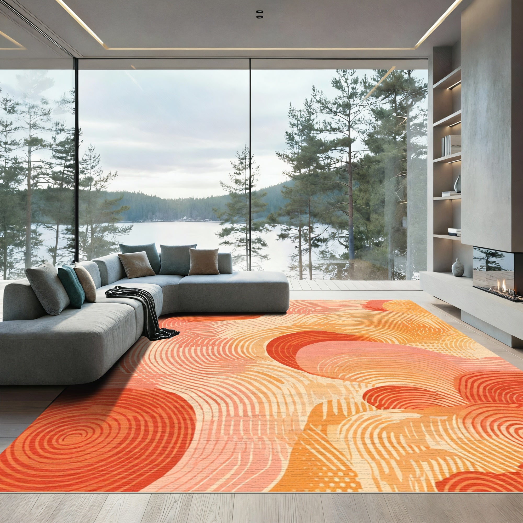 Coral Orange Swirl Abstract Flow Rug