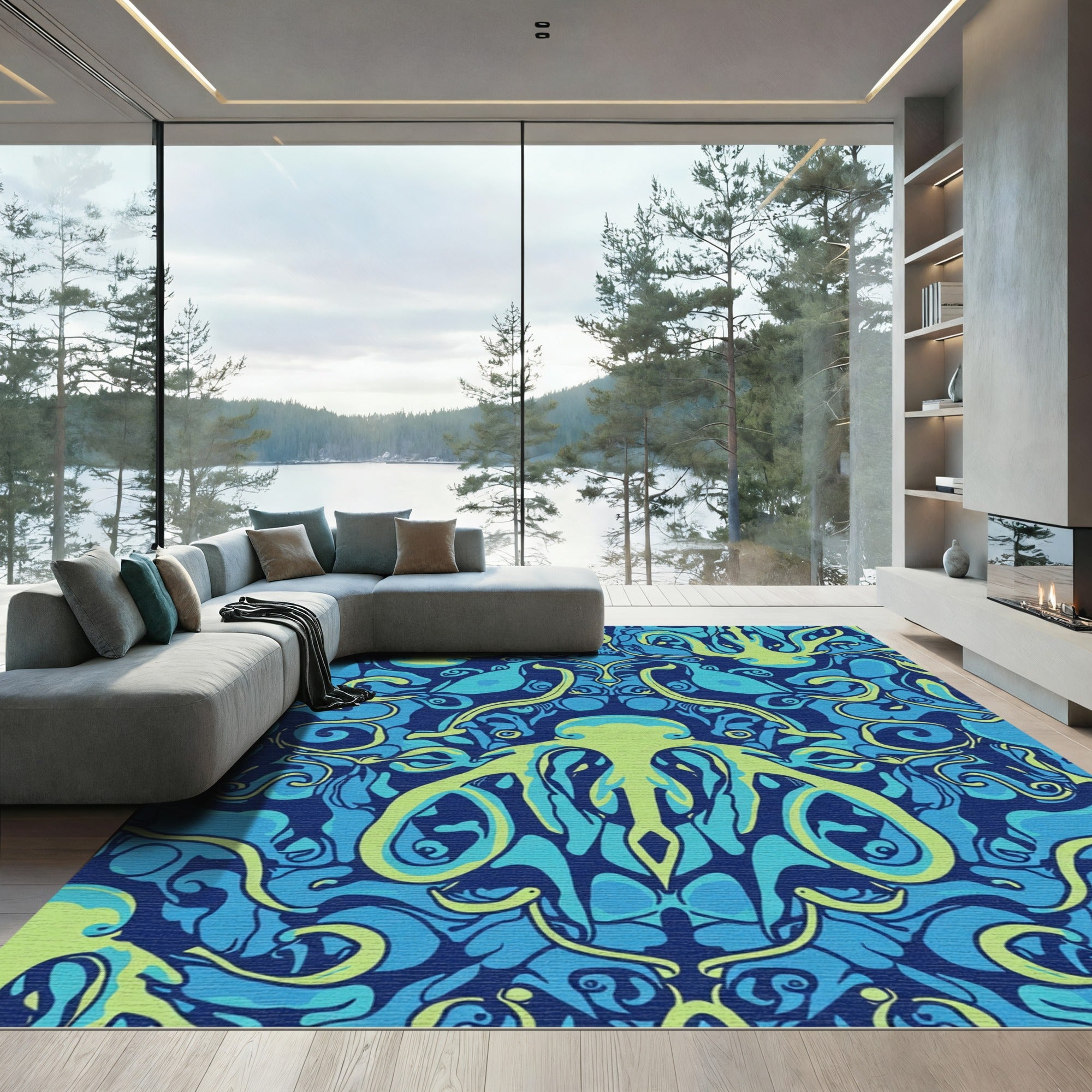 Deep Blue Lime Octopus Abstract Rug
