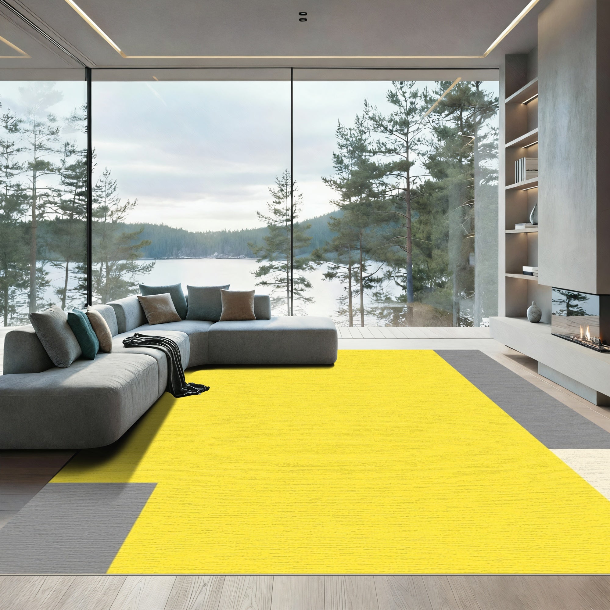 Abstract Yellow Gray Blocks Rug