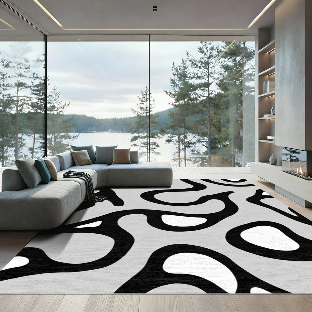 Modern Gray Black Organic Swirl Rug