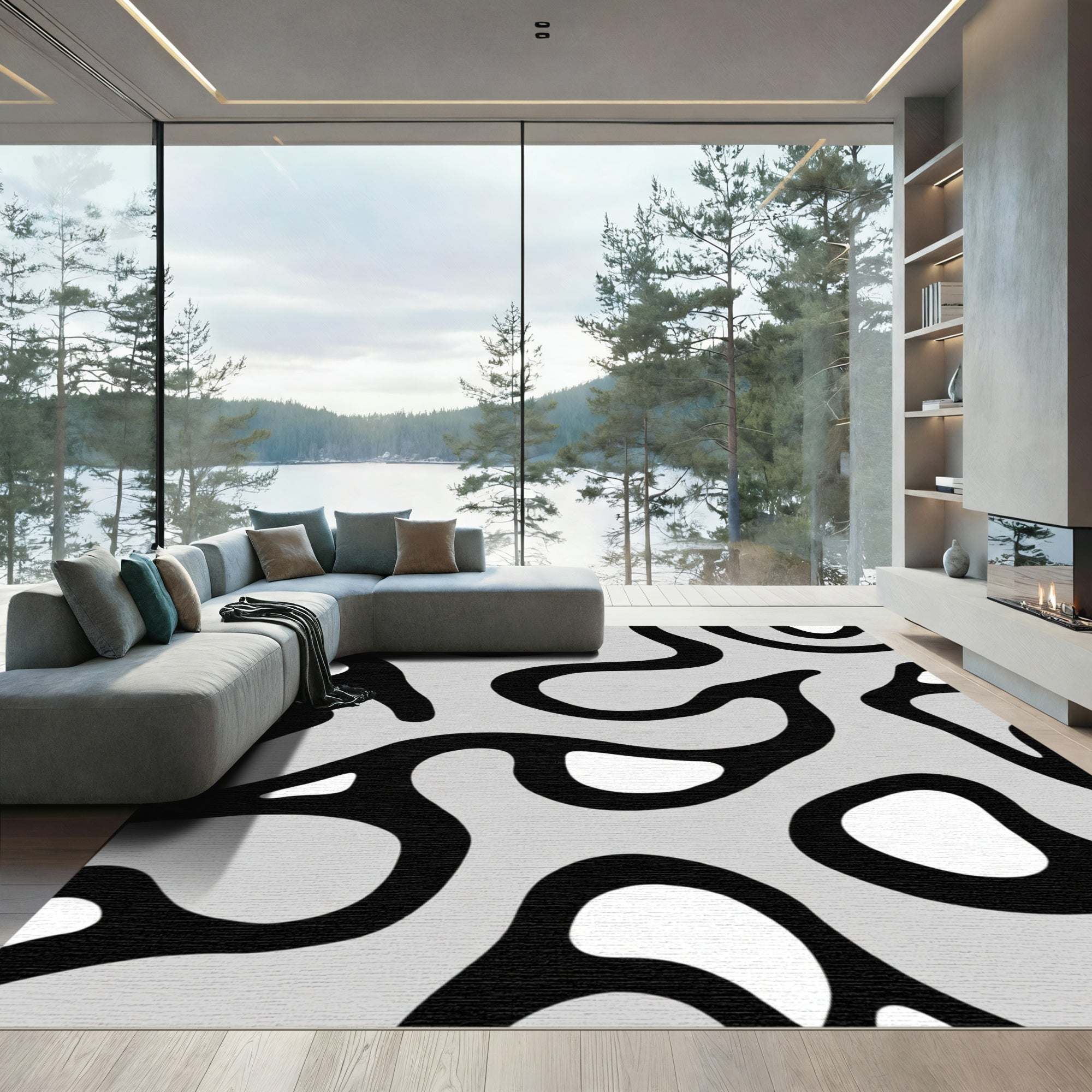 Modern Gray Black Organic Swirl Rug
