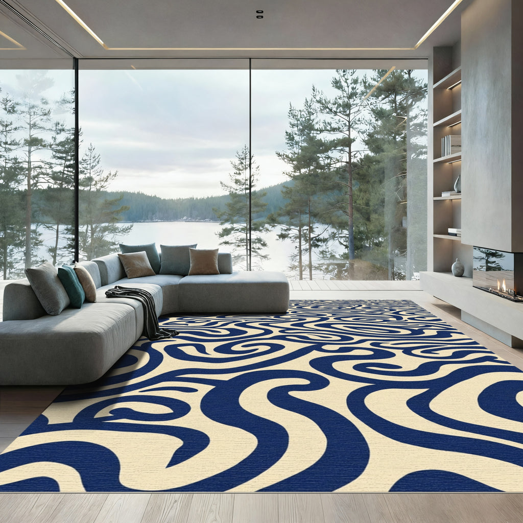 Navy Swirl Cream Abstract Rug