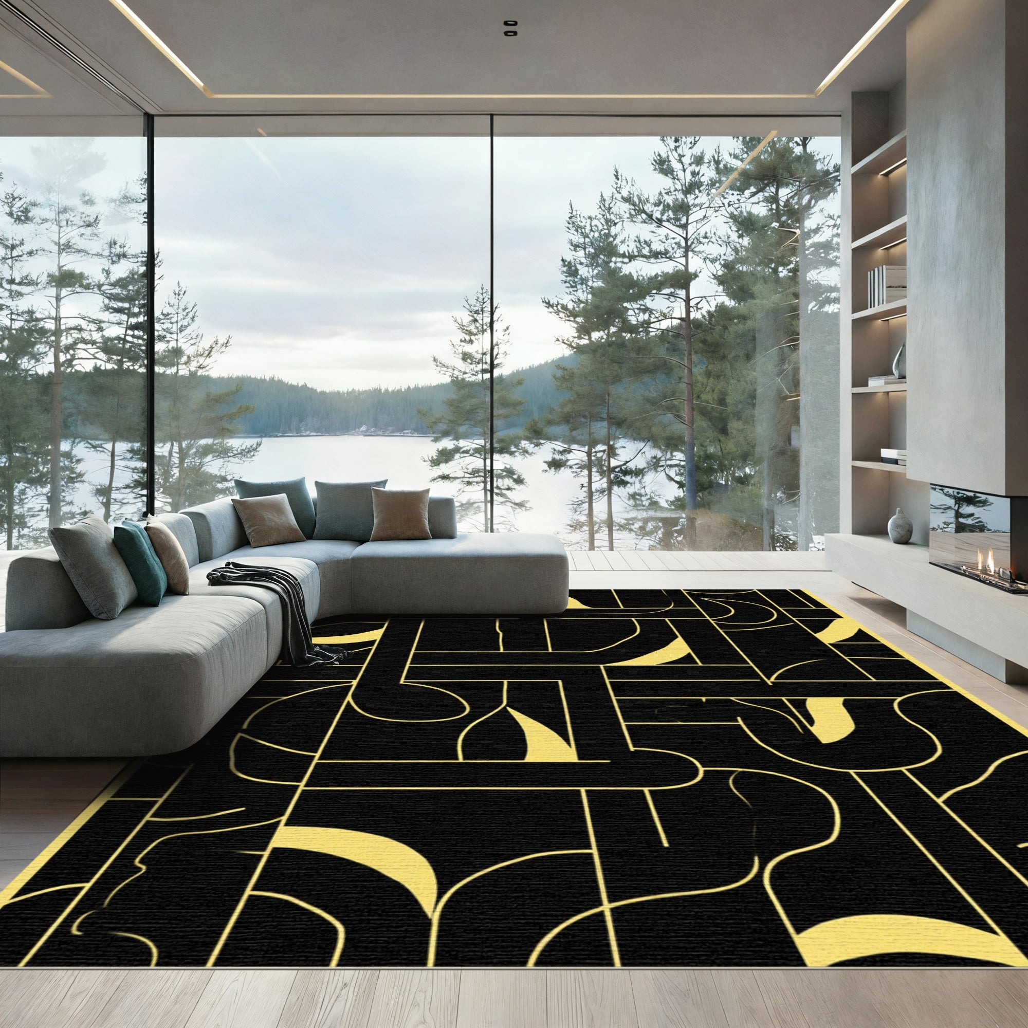 Black Gold Geometric Intersecting Lines Rug
