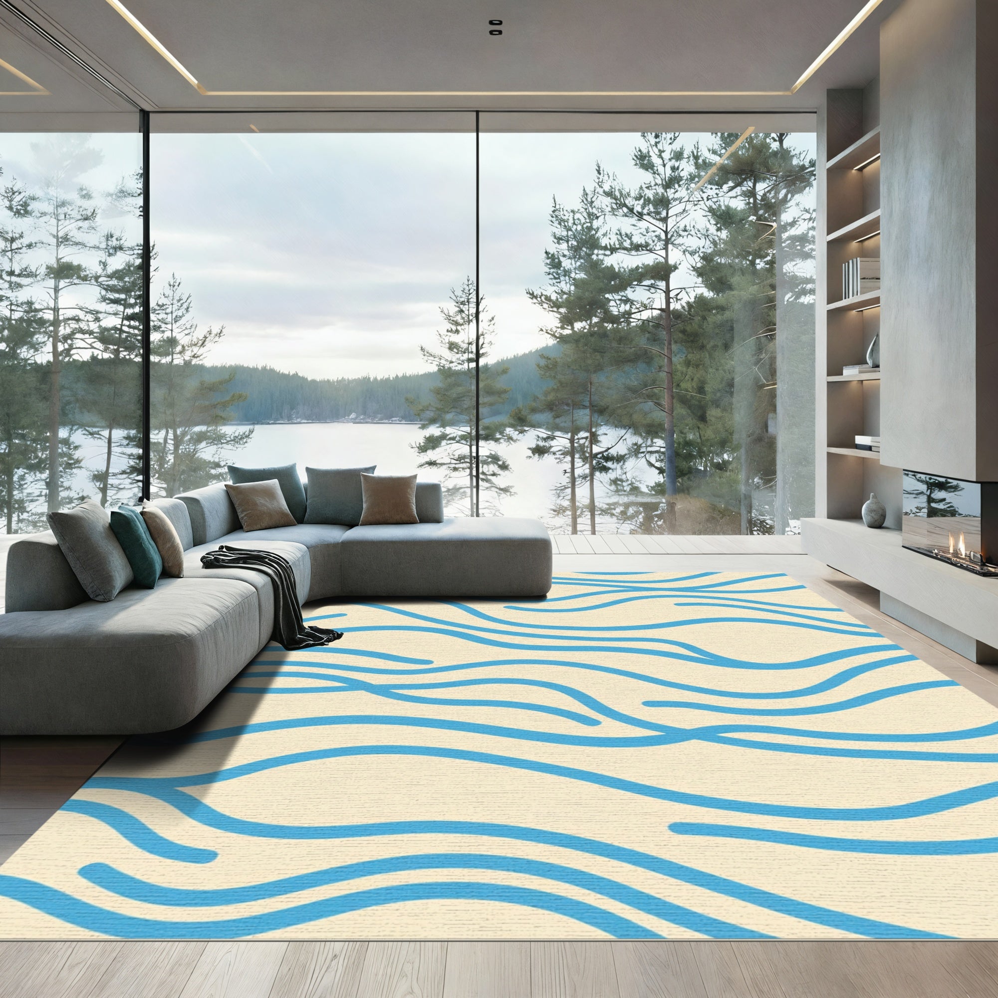 Cream Blue Wave Lines Rug