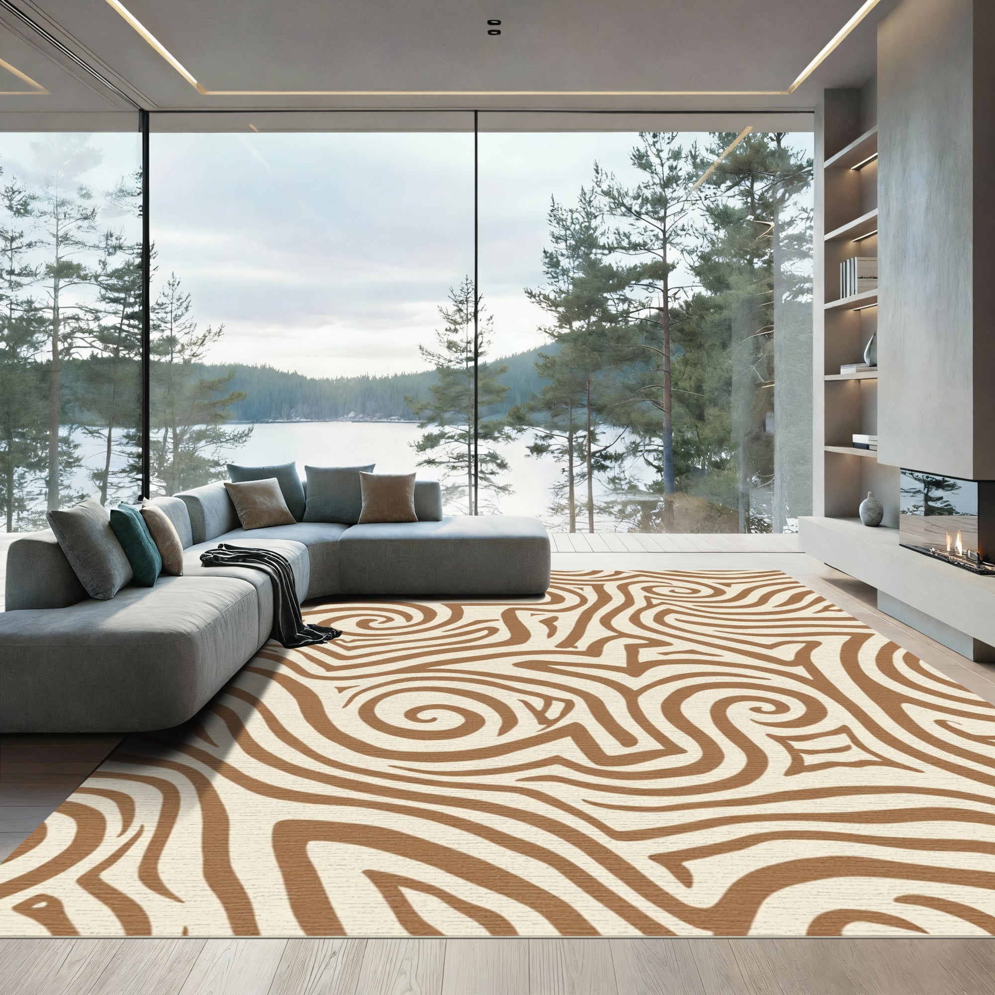Brown Cream Abstract Swirl Lines Rug