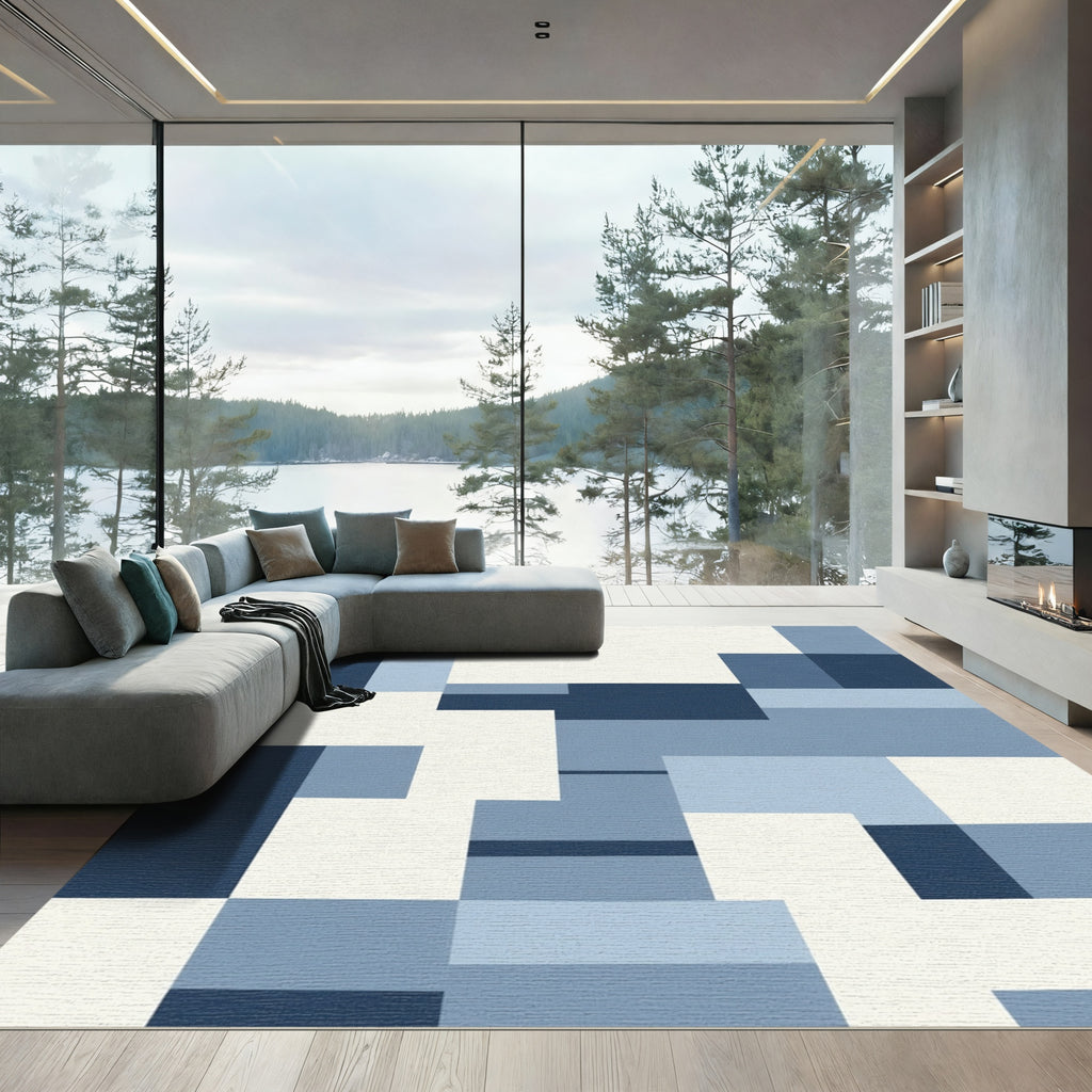 Cool Blue Geometric Block Arrangement Rug