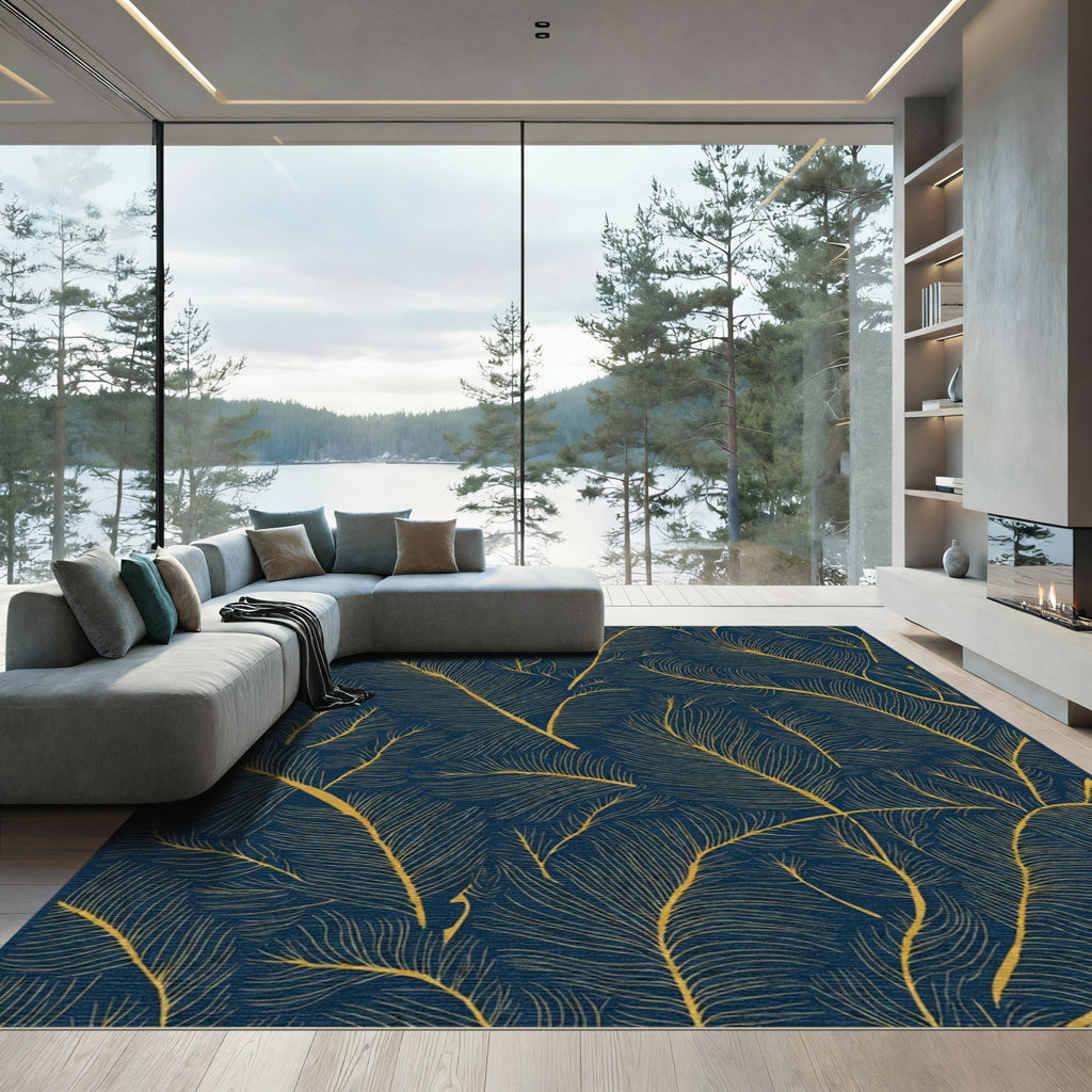Golden Feather Navy Blue Art Rug