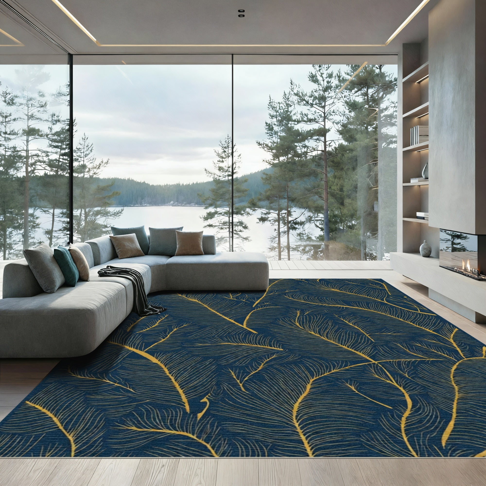 Golden Feather Navy Blue Art Rug