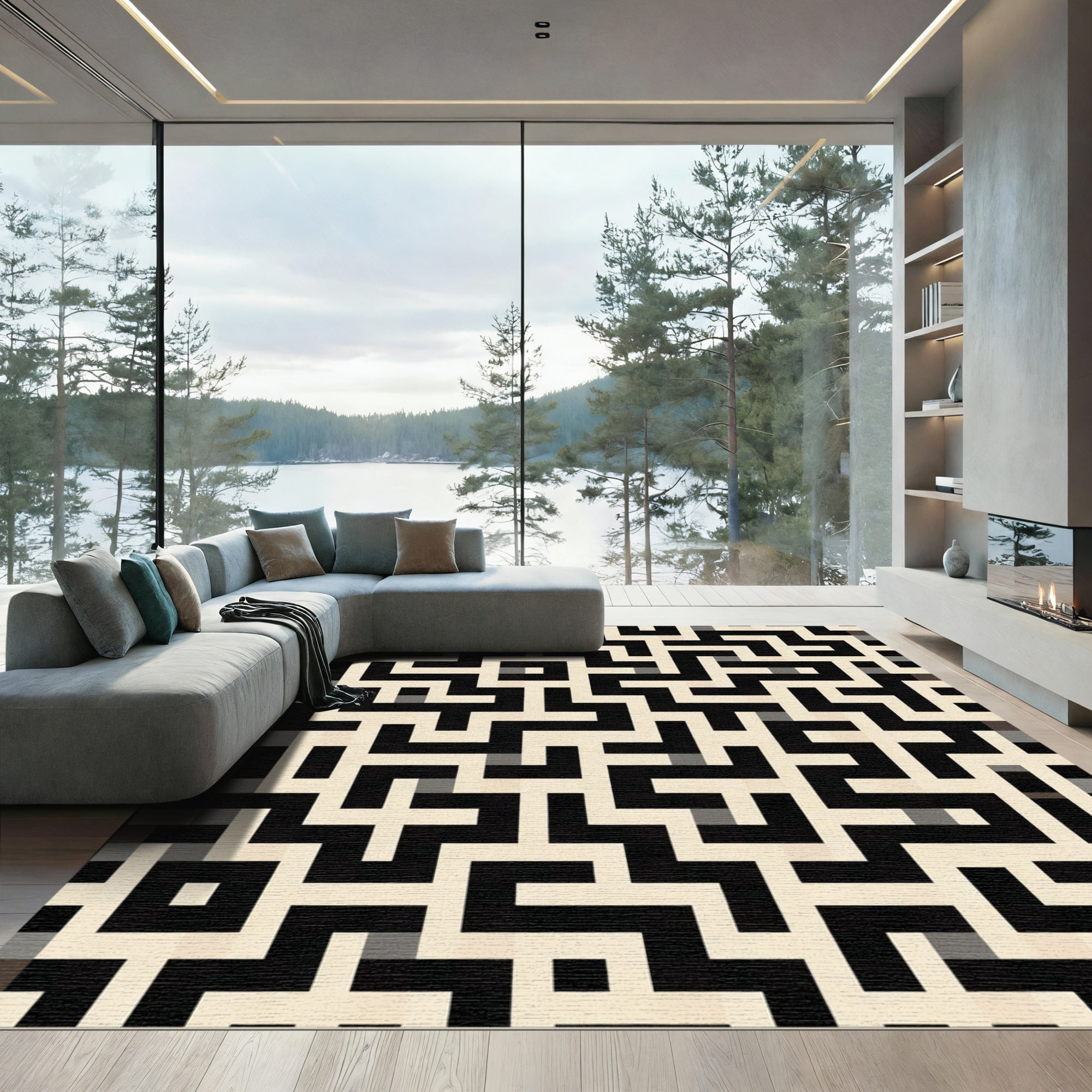 Black and Cream Geometric Maze Rug