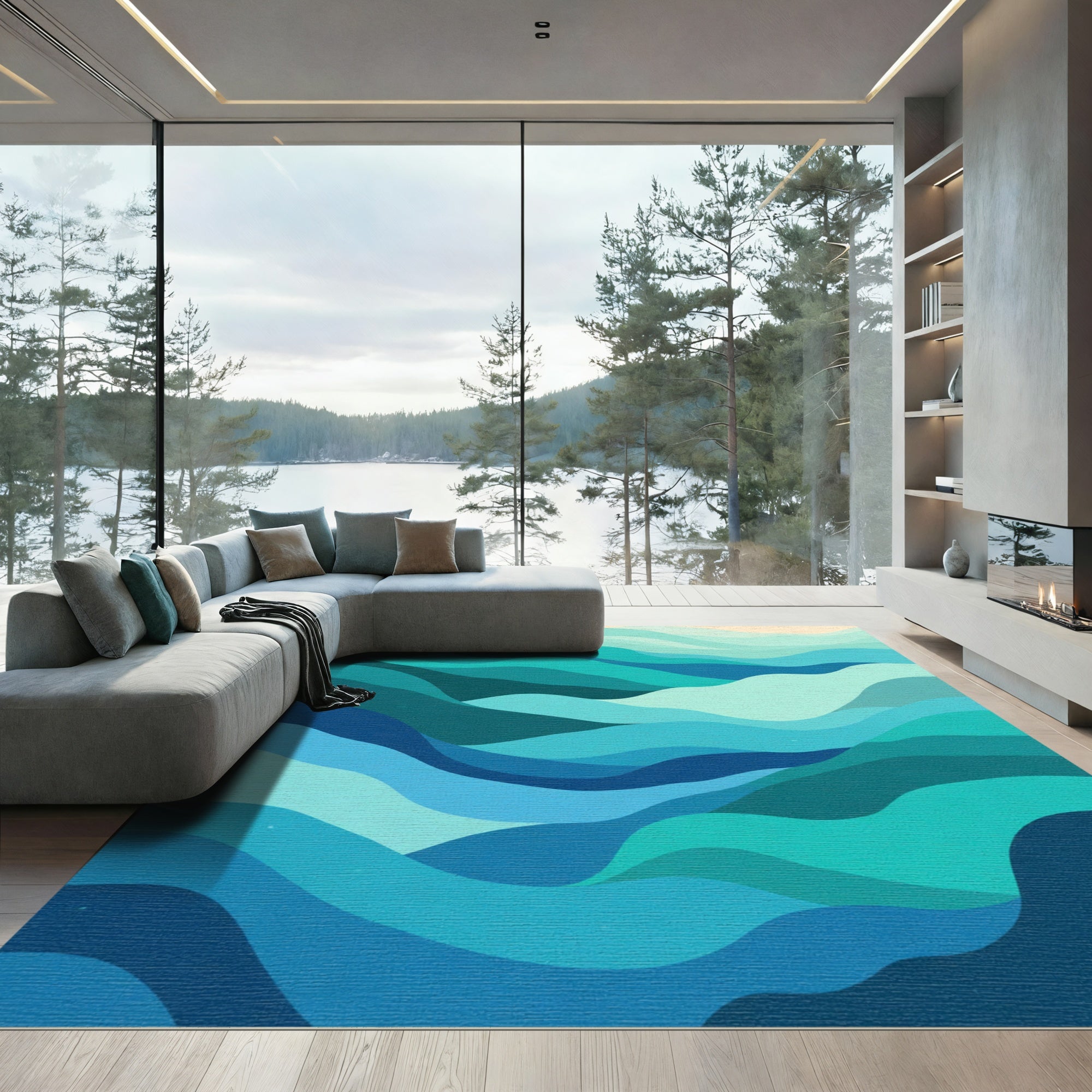 Gradient Blue Wavy Layers Rug