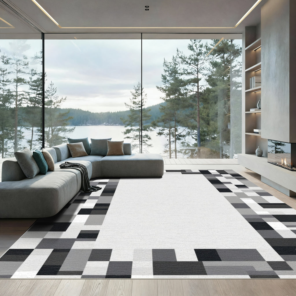 Monochrome Pixel Border Rectangular Rug