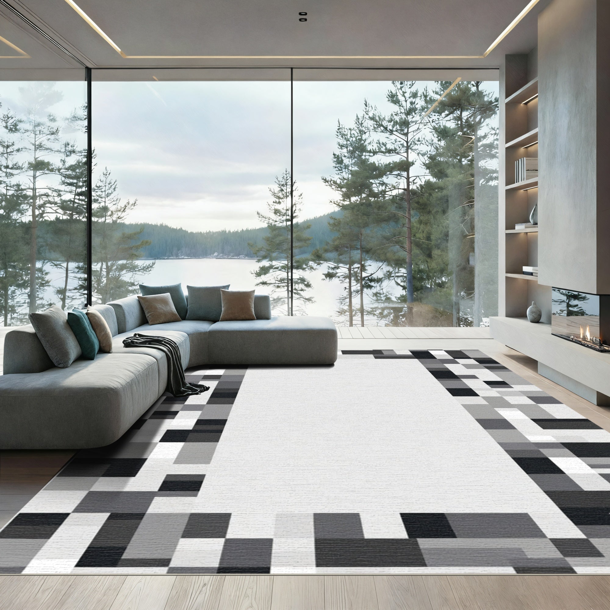Monochrome Pixel Border Rectangular Rug