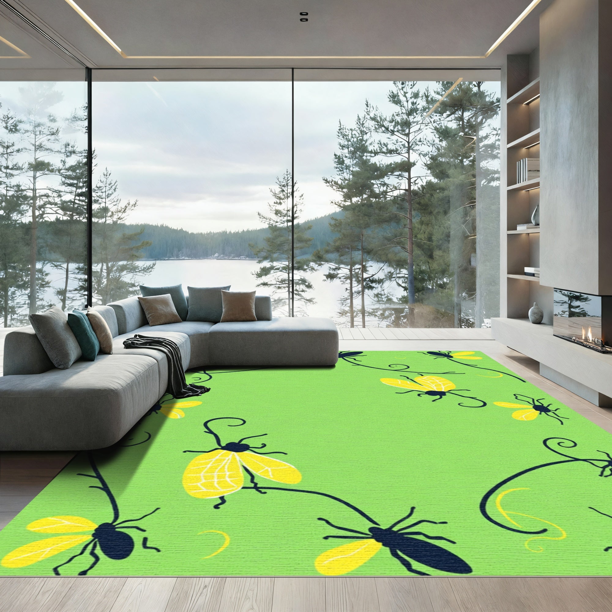 Whimsical yellow bug garden vines Rug