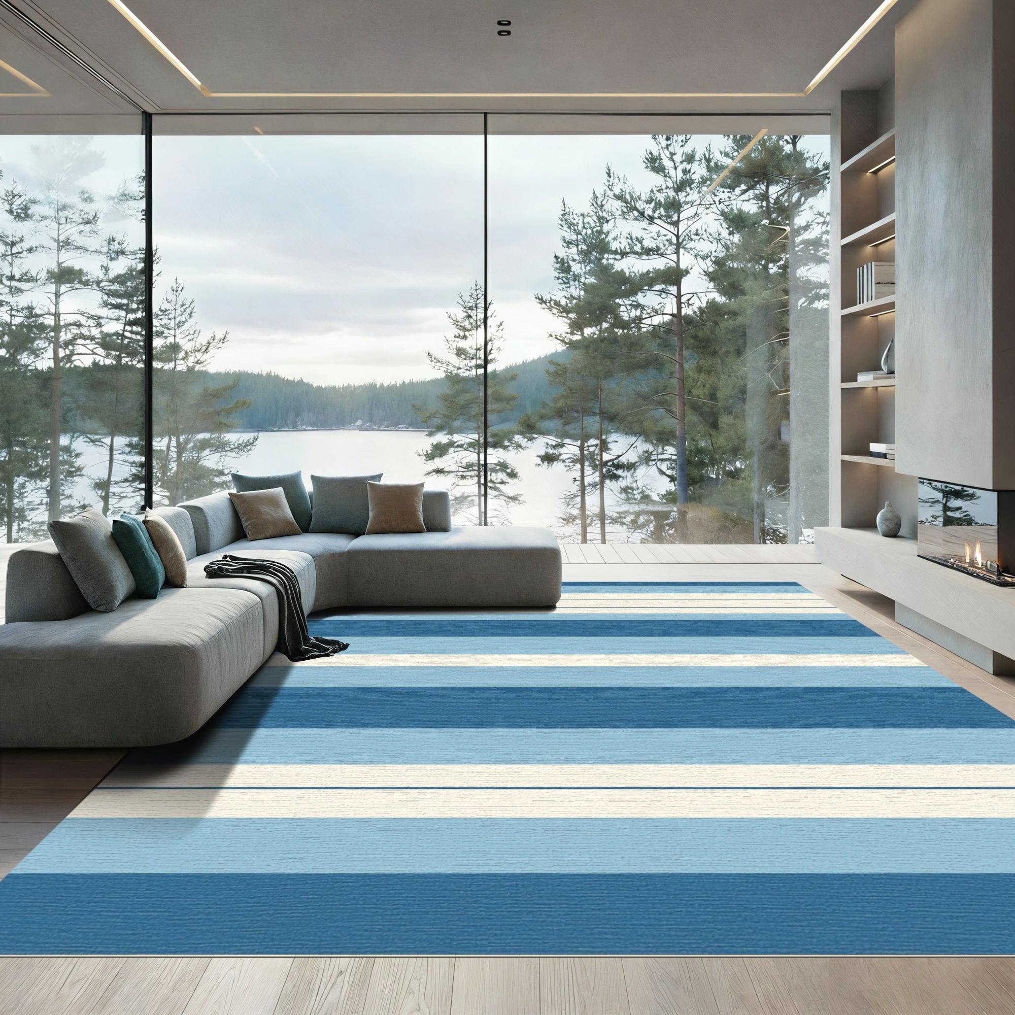 Coastal Navy Sky Blue Stripe Rug