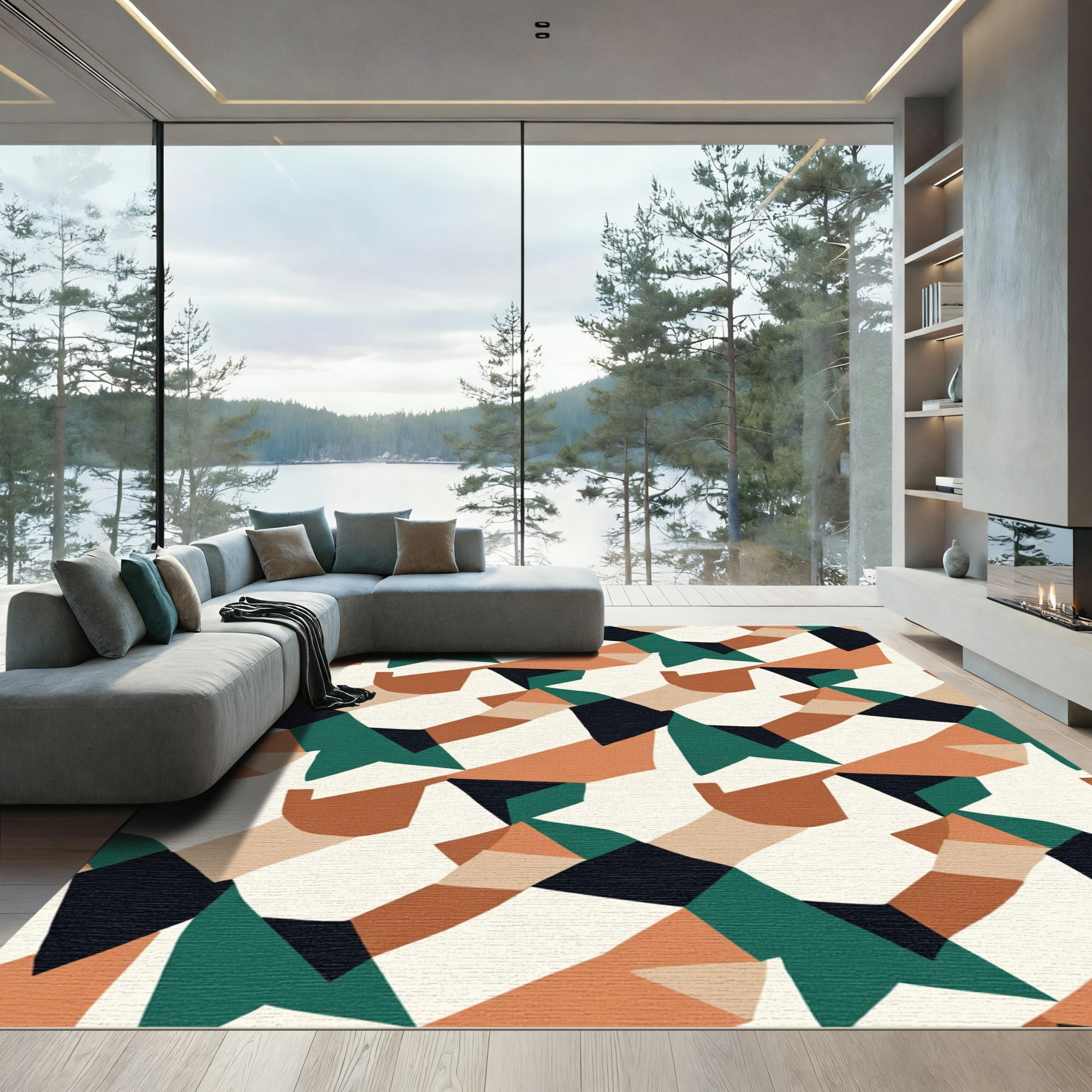 Abstract Geometric Terracotta Green Rug