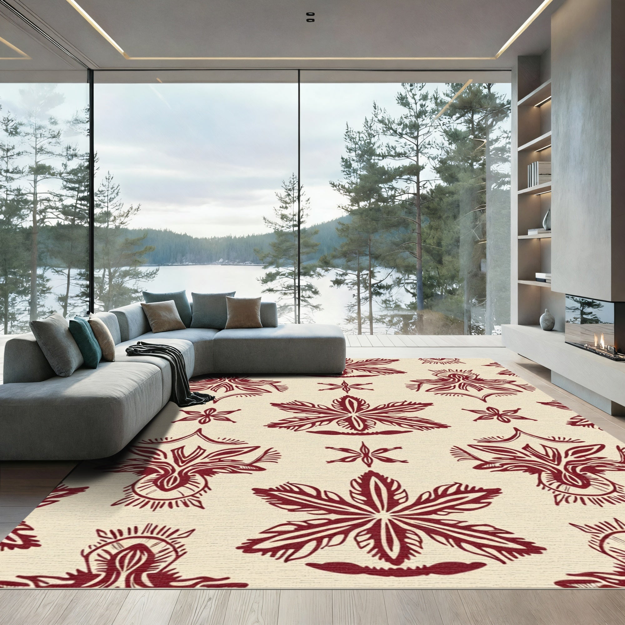 Deep Red Floral Damask Scroll Rug