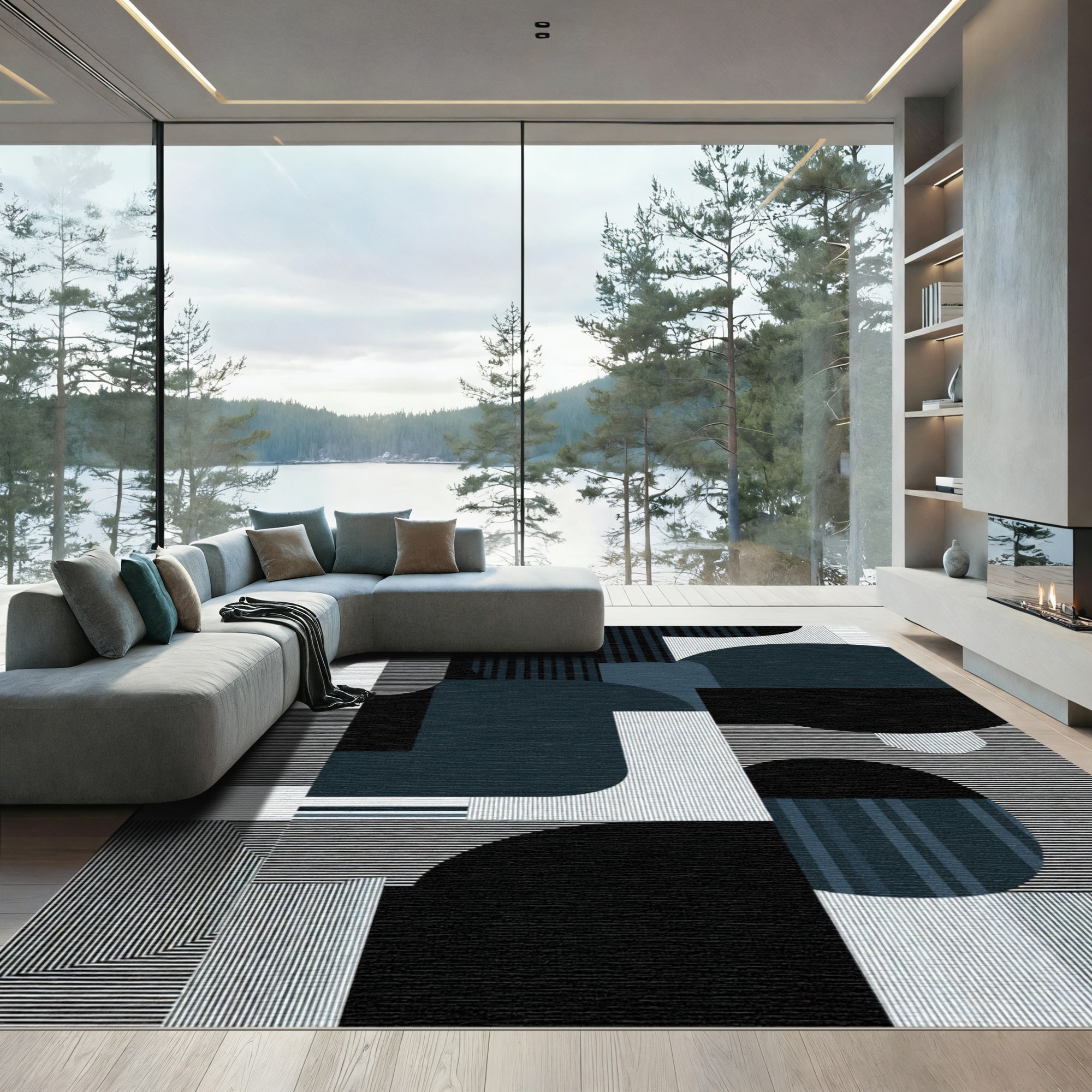 Modern Geometric Abstract Navy Circles Rug