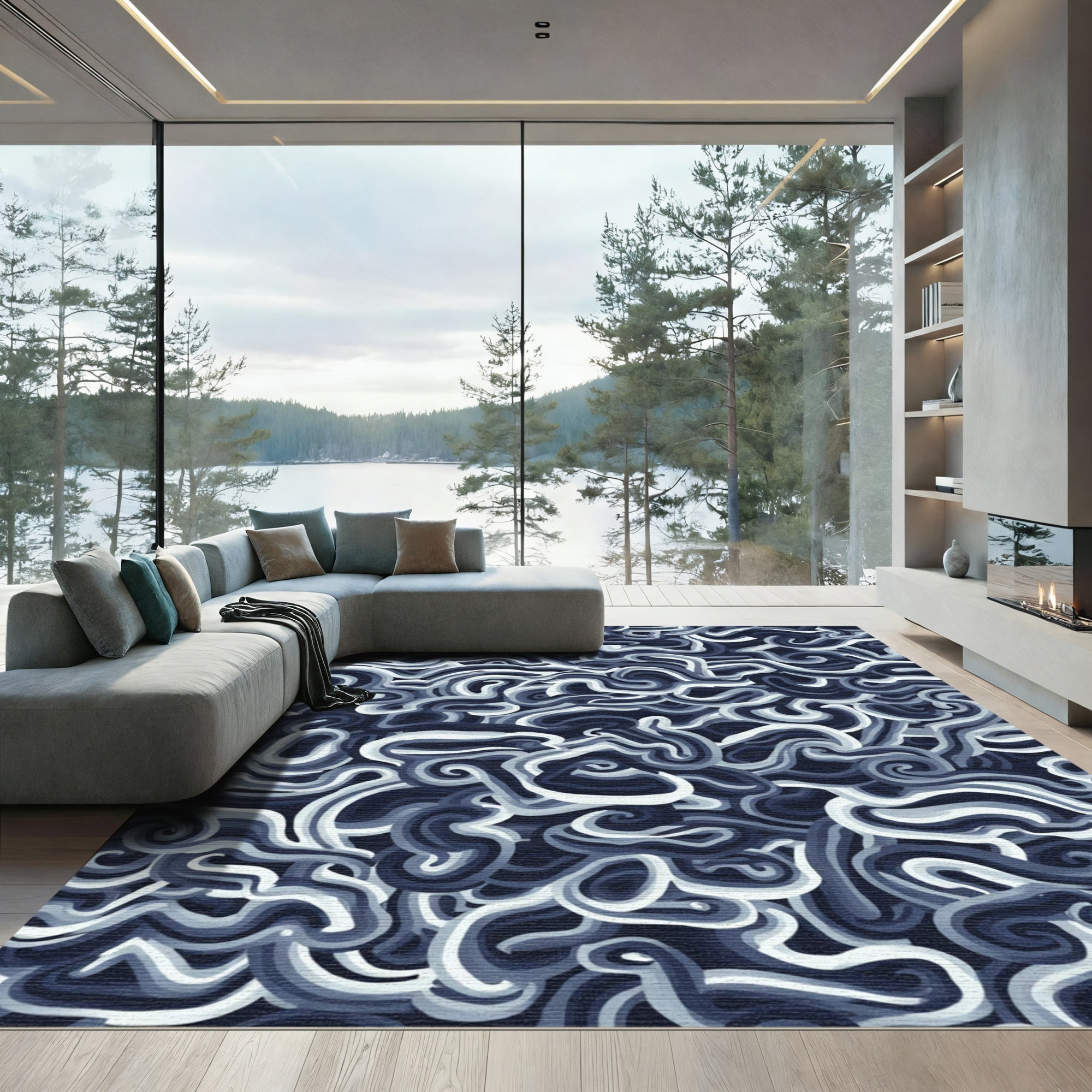 Oceanic Swirl Abstract Navy Rug