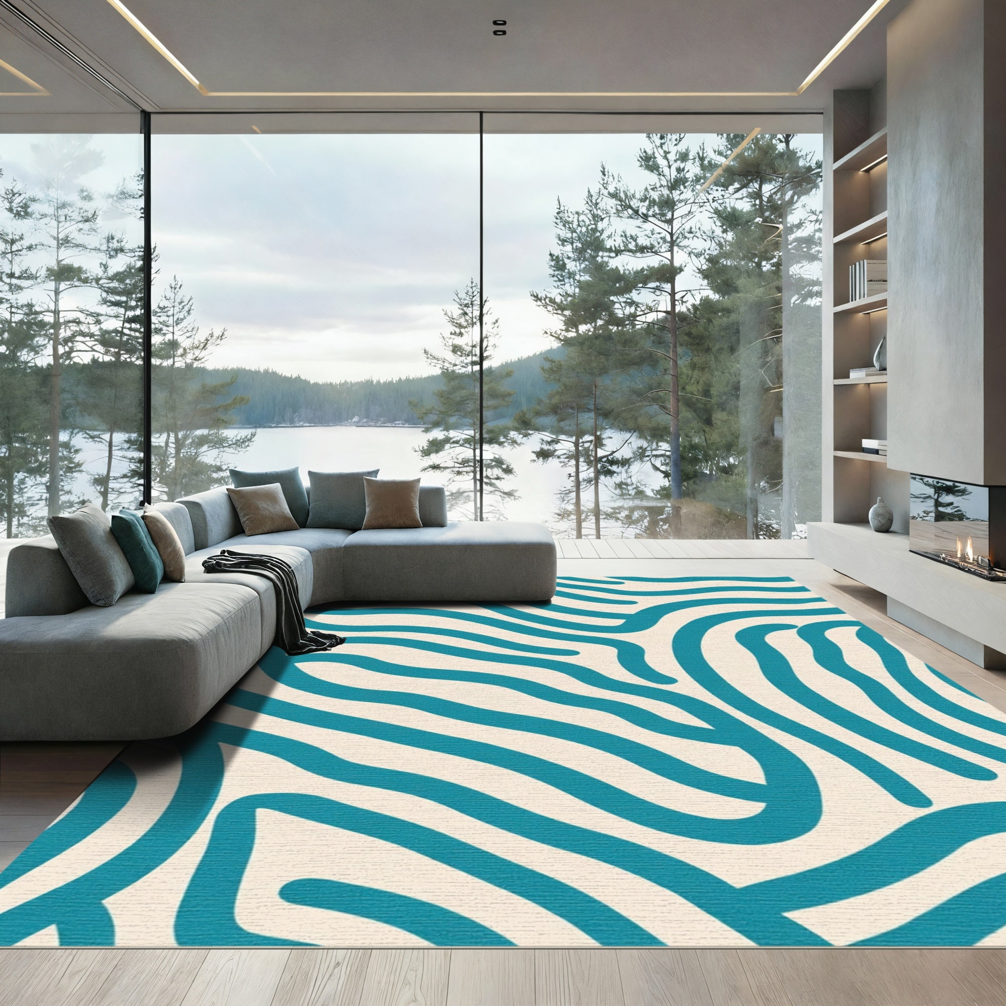 Teal Abstract Wavy Lines Rug